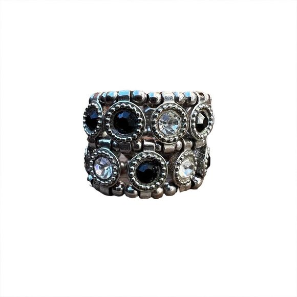 Silver Tone Black Stone Cubic Stretch Elastic Ring Size 8 - Picture 3 of 10